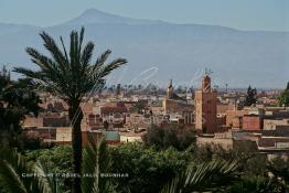 Image du Maroc Professionnelle de  Une vue des toits de la Médina de Marrakech la ville rouge prise de l'hotel la Mamounia. Au fond les la chaine de montagne les Jbilates, Mercredi 16 Mars 1994. (Photo / Abdeljalil Bounhar)